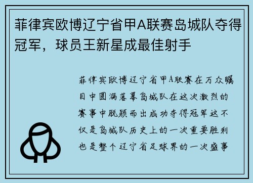 菲律宾欧博辽宁省甲A联赛岛城队夺得冠军，球员王新星成最佳射手
