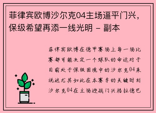 菲律宾欧博沙尔克04主场逼平门兴，保级希望再添一线光明 - 副本