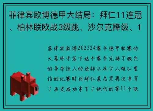 菲律宾欧博德甲大结局：拜仁11连冠、柏林联欧战3级跳、沙尔克降级、16球盛宴 - 副本
