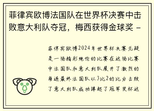 菲律宾欧博法国队在世界杯决赛中击败意大利队夺冠，梅西获得金球奖 - 副本