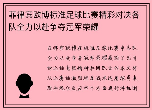菲律宾欧博标准足球比赛精彩对决各队全力以赴争夺冠军荣耀