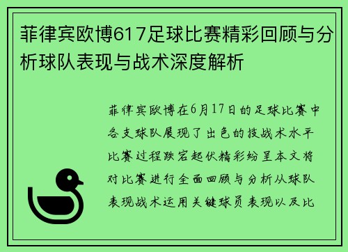 菲律宾欧博617足球比赛精彩回顾与分析球队表现与战术深度解析
