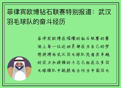 菲律宾欧博钻石联赛特别报道：武汉羽毛球队的奋斗经历